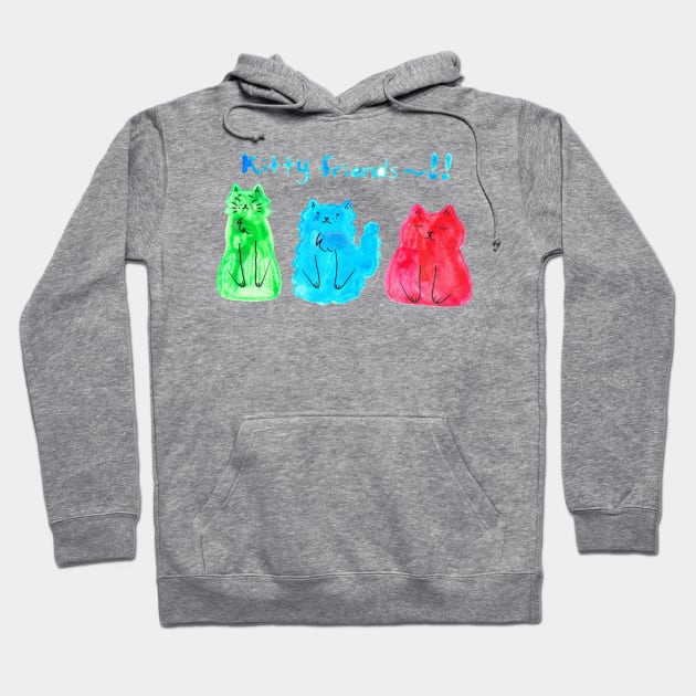 Watercolor Green Blue Red Kitty Friends Hoodie by saradaboru